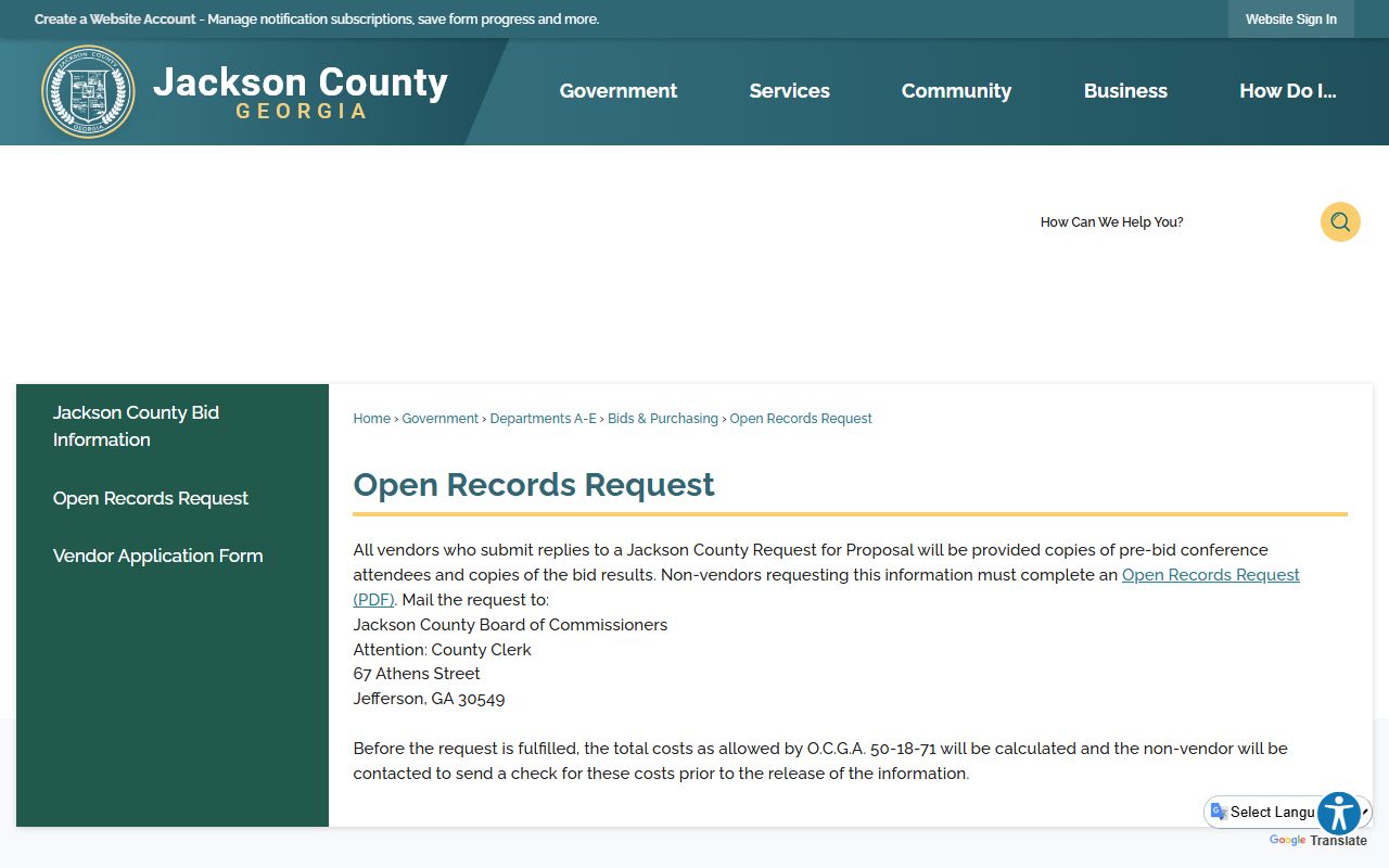 Jackson County Clerk of Superior Court open records request page