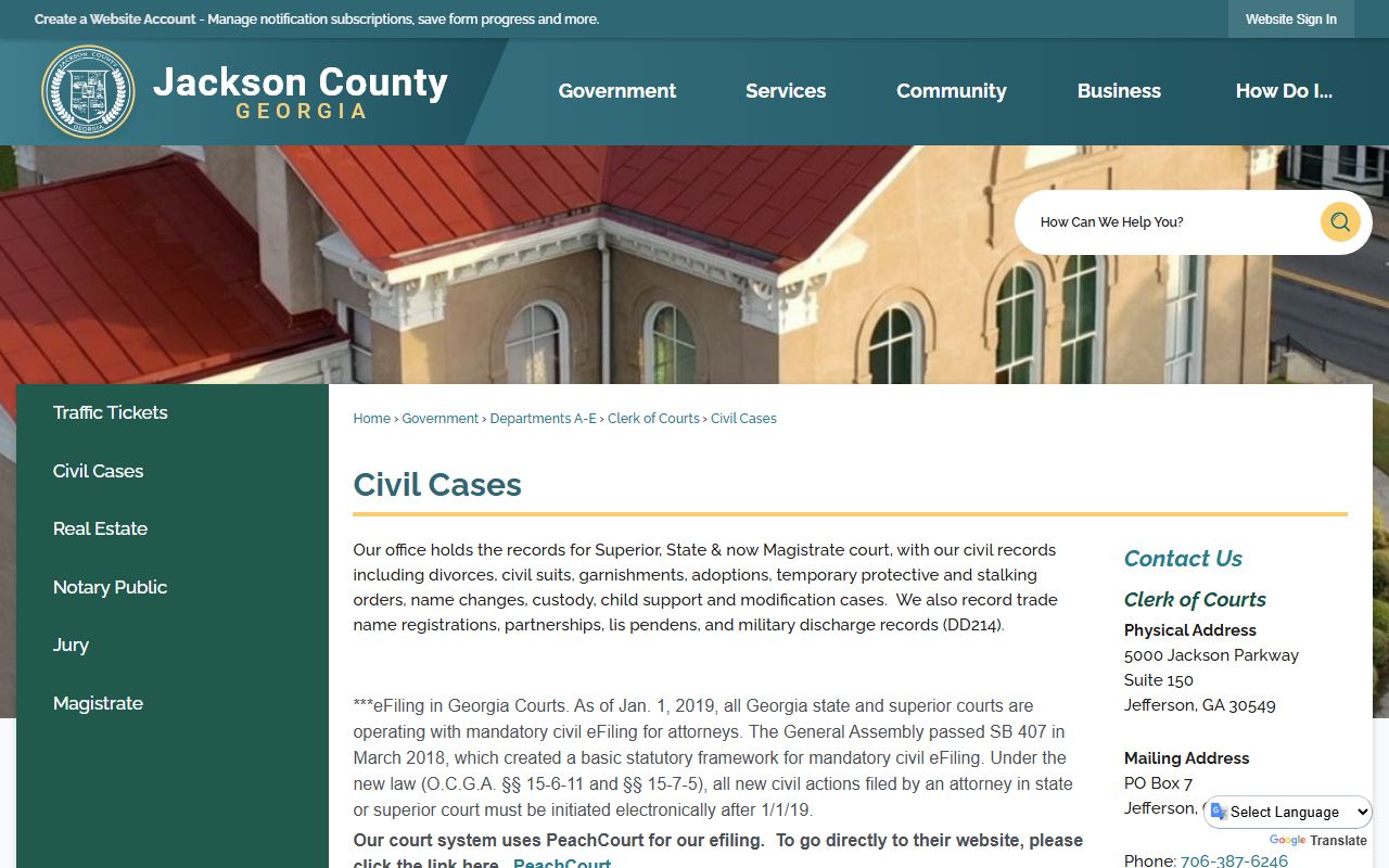 Jackson County Clerk of Superior Court civil cases and fees page