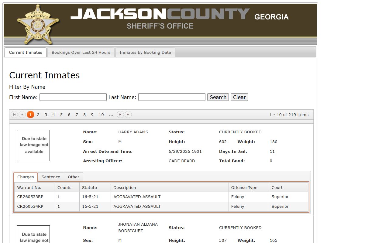 Jackson County arrest records OffenderIndex booking lookup