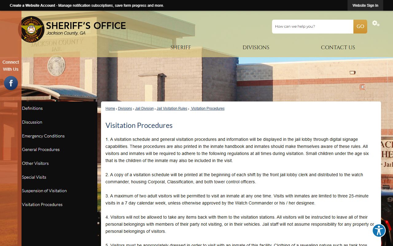 Jackson County inmate records detailed visitation procedures page