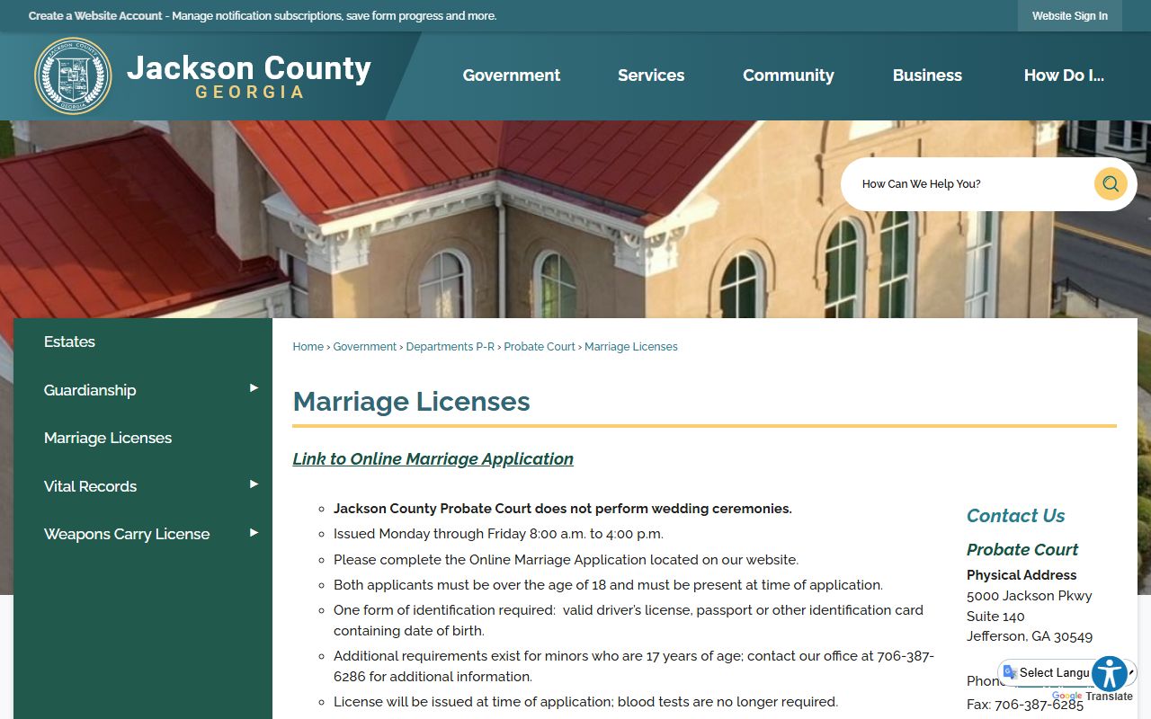 Jackson County probate records marriage license page