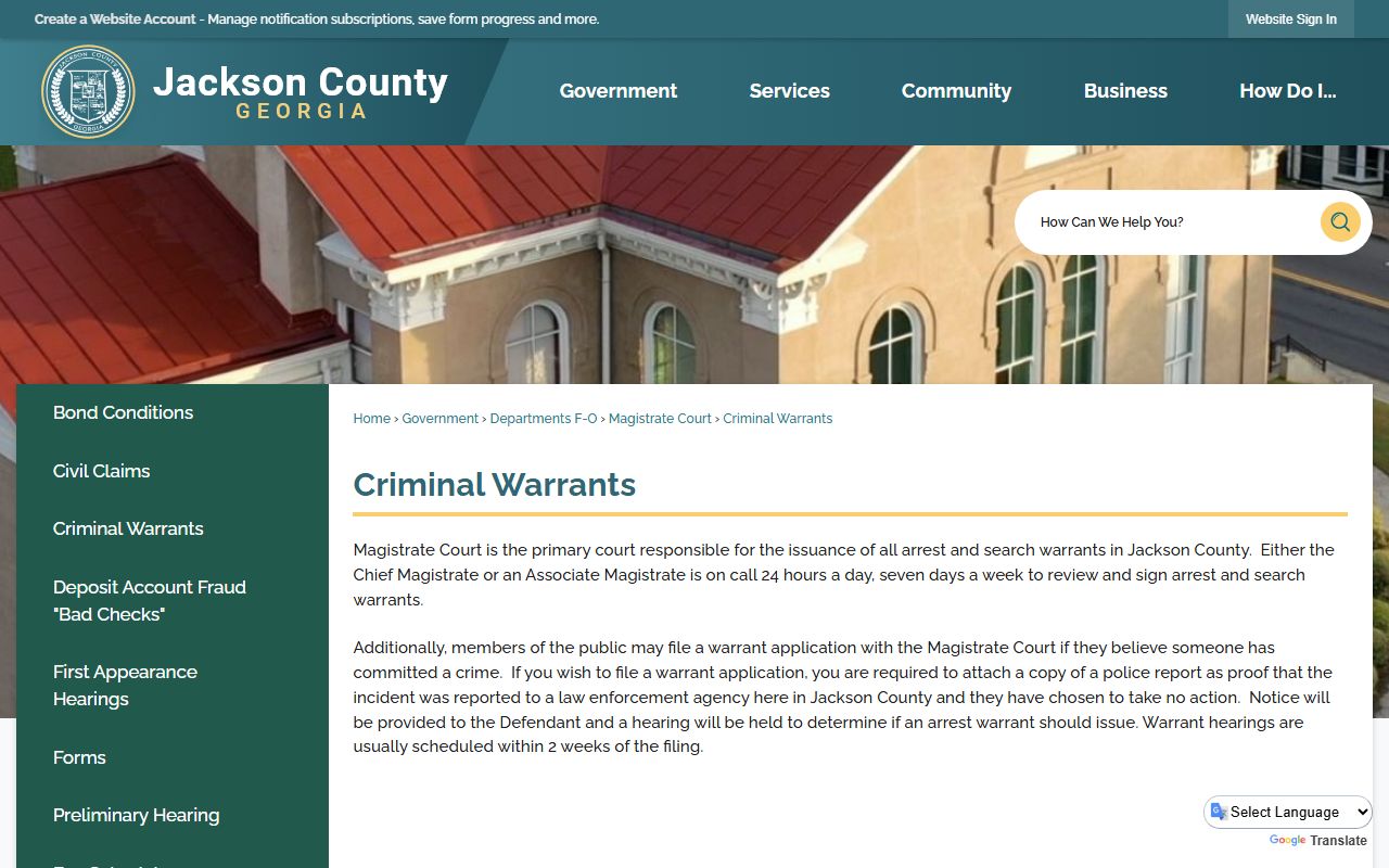 Jackson County warrant records Magistrate Court criminal warrants page